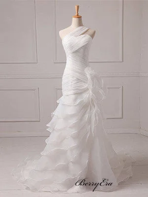 Limited Stock Available!One Shoulder Ivory Organza Long Wedding Dresses