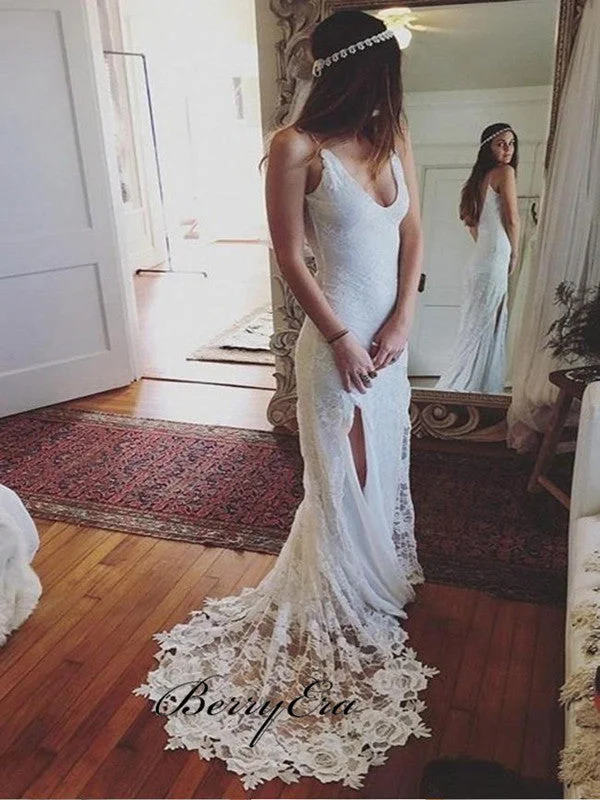 Price Drop Alert!Open Back White Lace Wedding Dress Spaghetti Straps Slit Women Bridal Gowns