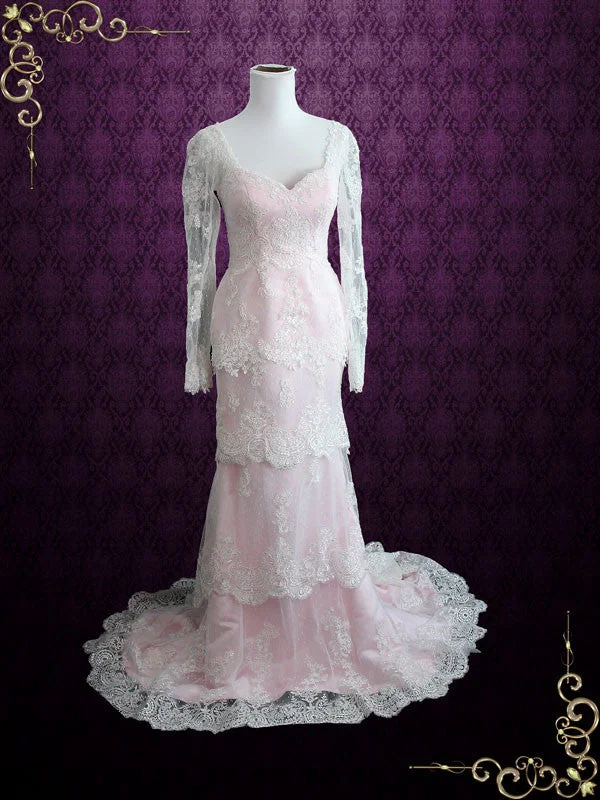 Get Ready to Save!Pearl Pink Tiered Lace Wedding Dress with Long Sleeves MONACO