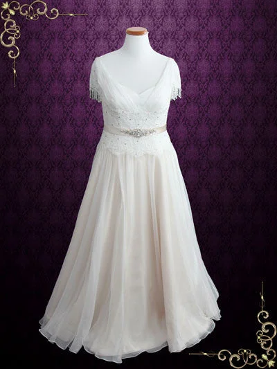 Best Offers of the Month!Plus Size Vintage Lace Chiffon Wedding Dress with Jeweled Sash and Fringe Cap Sleeves | Lilly
