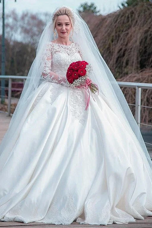 Unlock Huge Savings Now!Plus Size Wedding Dress Lace Long Sleeves Satin Skirt