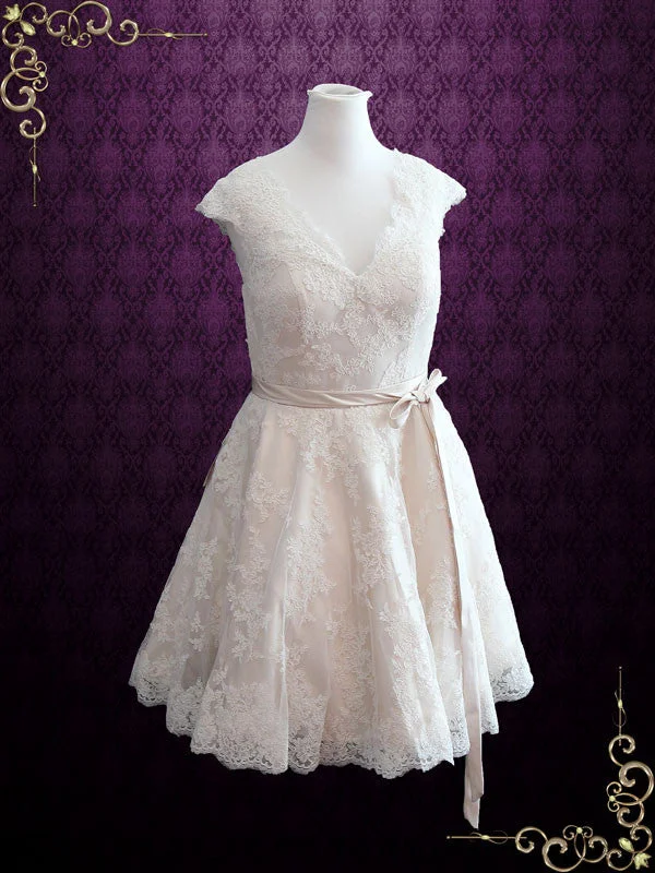 Huge Price Cuts Await!Retro 50s Lace Knee Length Wedding Dress with Thin Sash | Cynthia