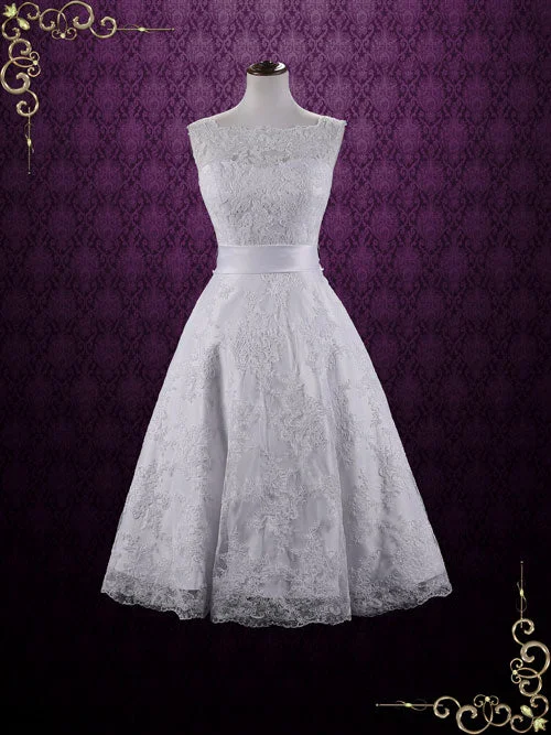 Only a Few Left – Order Now!Retro Boat Neck Lace Tea Length Wedding Dress ELAINE
