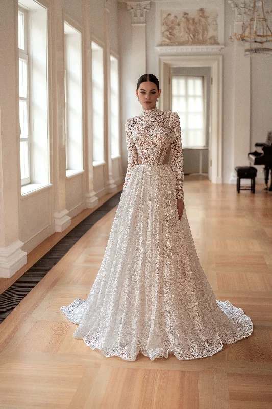 Limited Stock Available!Romantic A-Line Long Sleeve High Neck Wedding Gown with Floral Lace