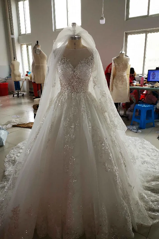 Score Huge Discounts Today!Romantic Lace Long Sleeves Wedding Gown with Sheer Neckline