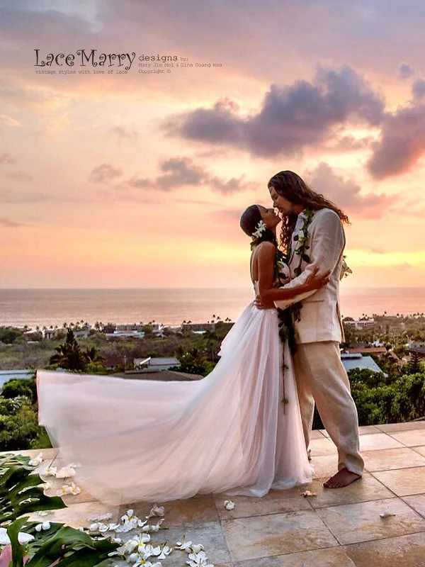 Shop More, Spend Less!Rose Gold Beach Wedding Dress from Lace and Soft Tulle