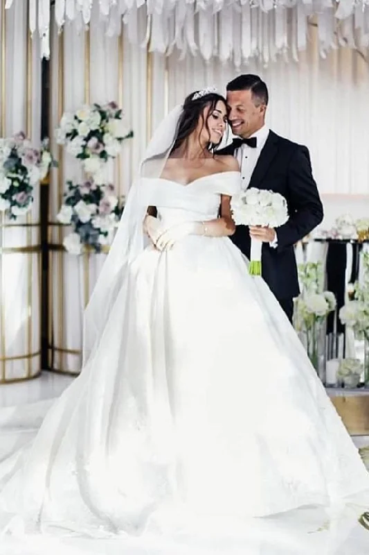 Save More When You Shop More!Satin Plain Wedding Dress with Fold Off-the-shoulder