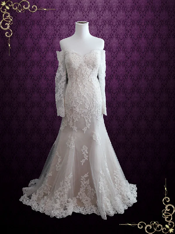 Crazy Discounts Inside!Champagne Vintage Style Lace Wedding Dress with Off Shoulder Long Sleeves MEG