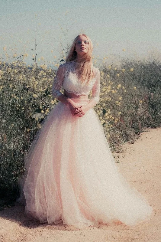 Flash Sale – Act Fast!Sheer Lace Two Piece Wedding Dress Blush Pink Tulle Skirt