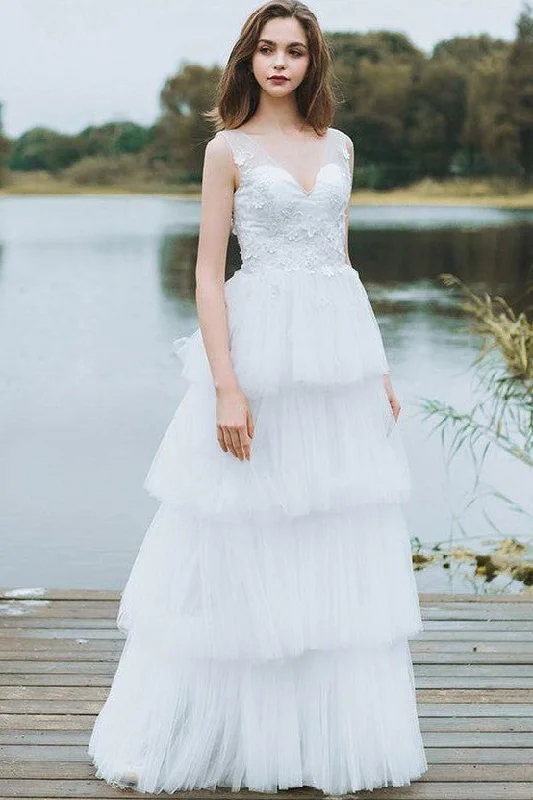 Best Deals Just for You!Sheer V-neckline Lace Bride Wedding Dress with Tiered Tulle Skirt Best Deals Just for You!Sheer V-neckline Lace Bride Wedding Dress with Tiered Tulle Skirt