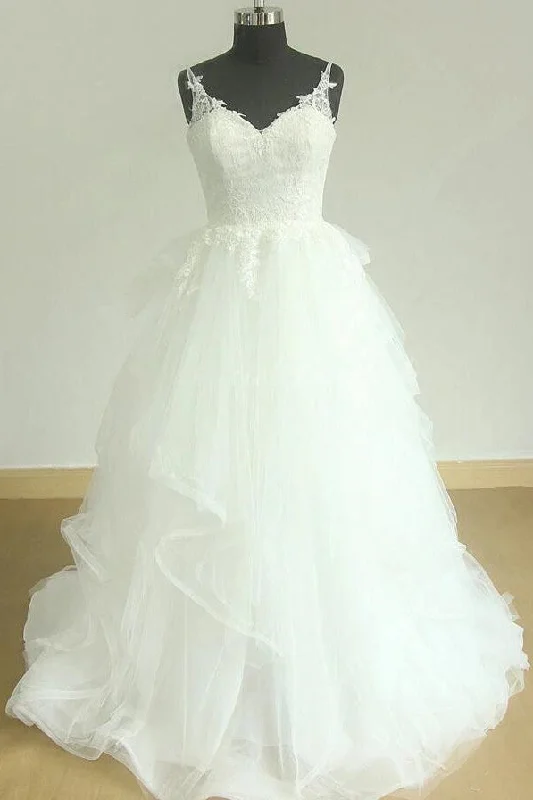 Unlock Huge Savings Now!Shimmering Wedding Dress with Lace Straps and Horsehair Trim Skirt