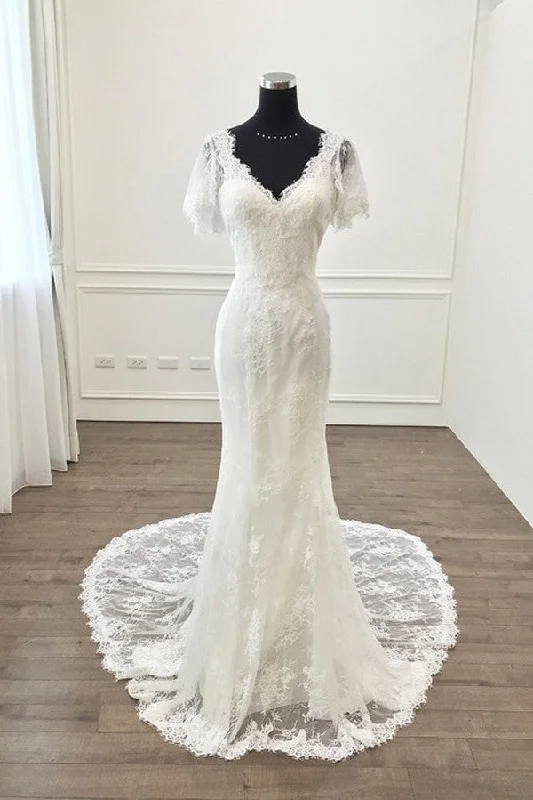 Huge Savings – Act Now!Short Sleeves Lace Wedding Dress Mermaid Style