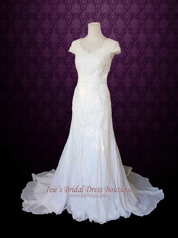 Crazy Discounts Inside!Elegant Modest Lace Wedding Dress With Scallop Lace V-Neck And Cap Sleeves | Mary