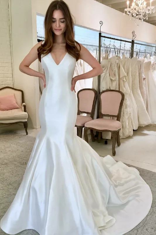 Limited-Time Price Drop!Simple Mermaid Satin Wedding Gown with V-neckline
