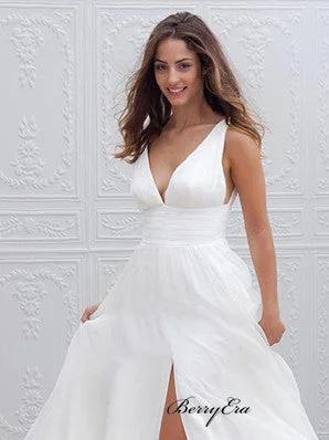 Exclusive Deals Just for You!Simple V-neck Ivory Chiffon Slit Long Wedding Dresses