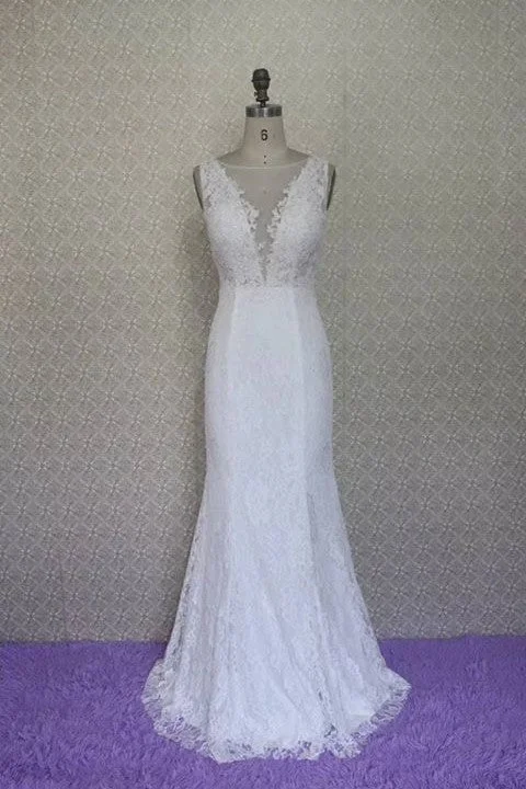 Limited Stock Available!Sleeveless Lace Wedding Dress with Illusion V-neckline