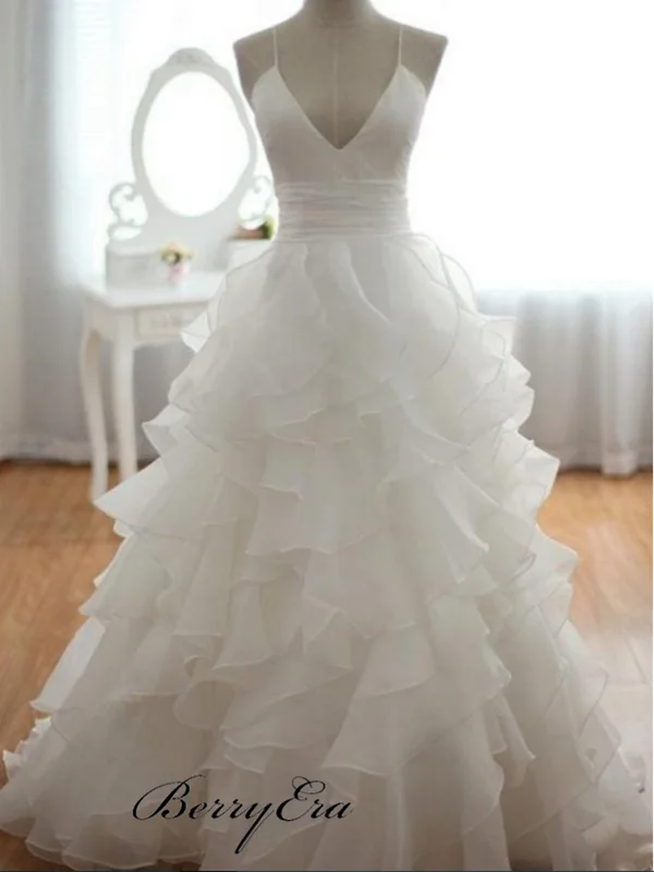 Shop Before It’s Gone!Spaghetti Straps Fluffy Wedding Dresses, Organza A-line Trendy Wedding Dresses