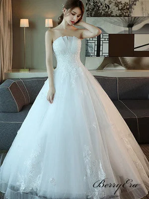 Get Ready to Save!Strapless Long A-line Ivory Lace Tulle Wedding Dresses, Bridal Gown