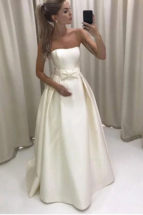 Shop More, Spend Less!Strapless Satin Simple Bride Dress with Bow Sash