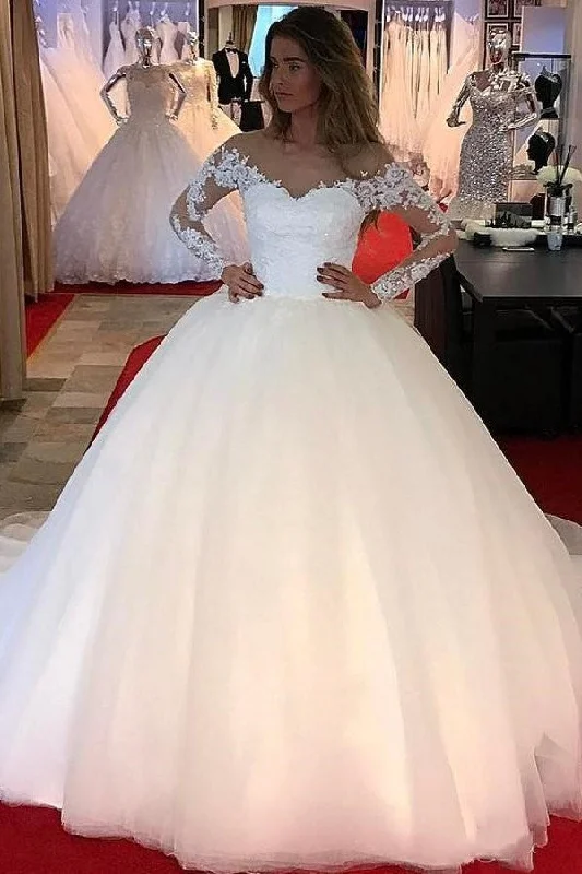 Biggest Sale of the Season!Tulle Ball Gown Wedding Dresses with Lace Long Sleeves 2019