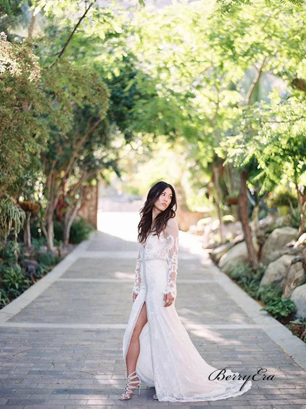 The Best Sale of the Year!Unique Design Lace Long Sleeves Boho Wedding Dresses, Mermaid Slit Wedding Dresses