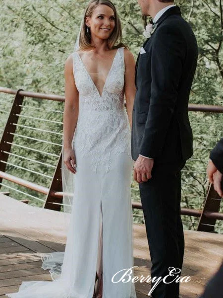 Your Shopping Wish, Our Discount Command!V-neck Front Slit Lace Sheath Long Wedding Dresses Your Shopping Wish, Our Discount Command!V-neck Front Slit Lace Sheath Long Wedding Dresses
