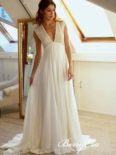 Biggest Sale of the Season!V-neck Lace Top A-line Chiffon Skirt Wedding Dresses