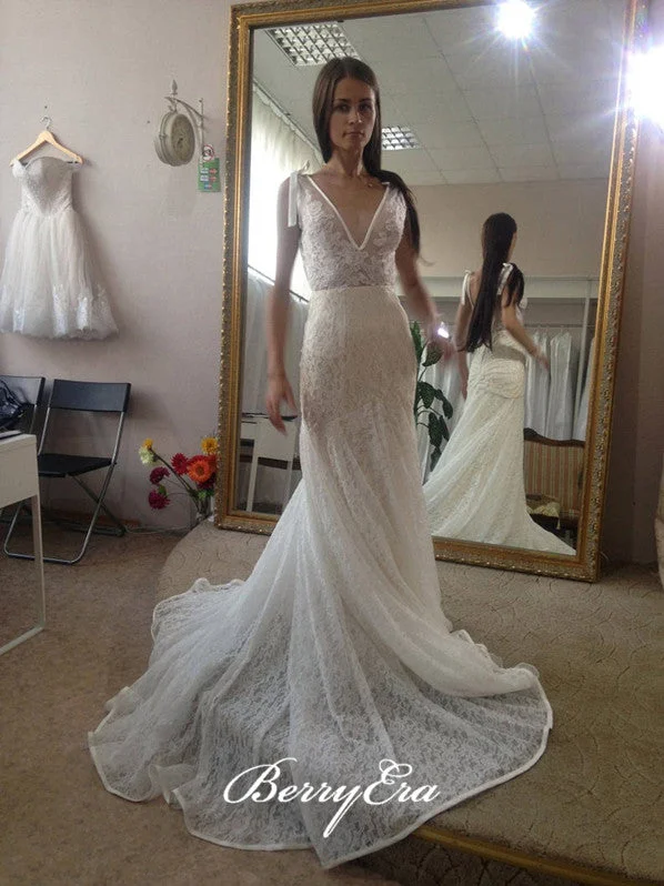 Price Drops You’ll Love!V-neck Long Mermaid Lace Wedding Dresses, Long Wedding Dresses