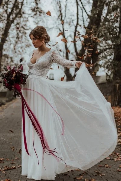 Every Deal is a Steal!V-neckline Beach Bridal Dress with Sheer Lace Sleeves