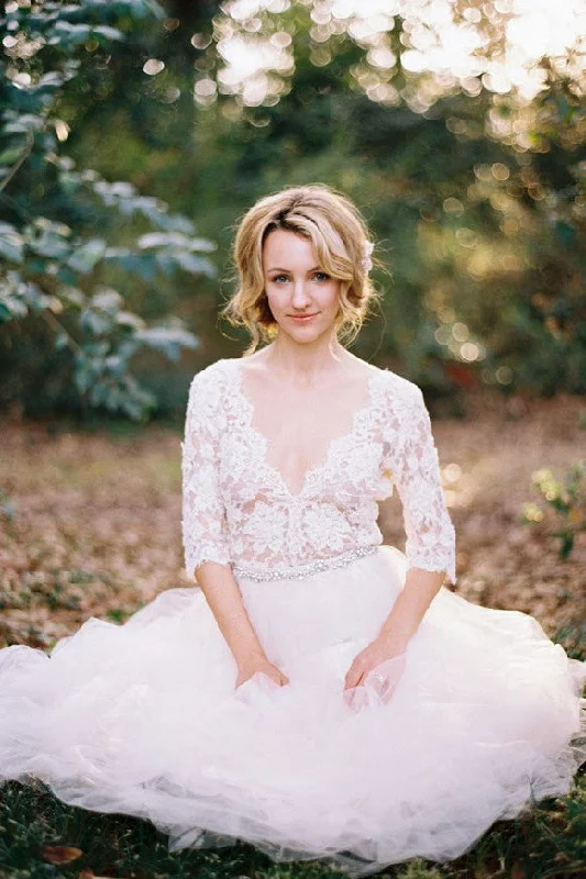Limited Deals, Unlimited Savings!V-neckline Garden Bridal Wedding Dress with Lace Sleeves