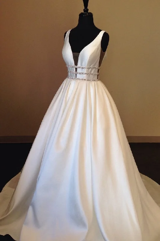 Time to Snag a Bargain!V-neckline Satin Wedding Gowns with Beading Belt