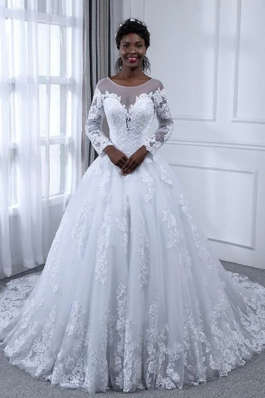 Find the Best Deals Here!Vintage Lace White Wedding Dress with Illusion Sleeves