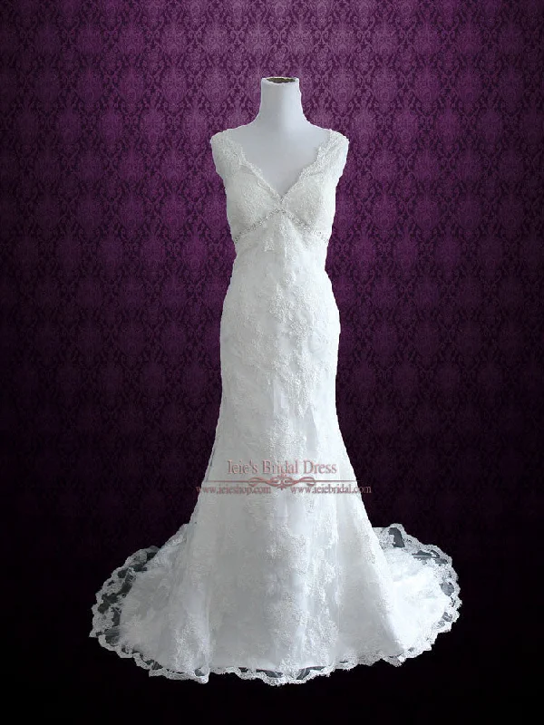 Upgrade for Less!Vintage Style Lace Overlay V Neck Low Back Wedding Dress | Michelene