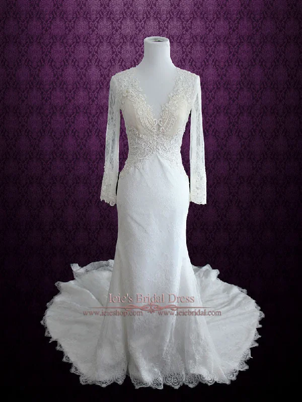 Limited-Time Price Drop!Vintage Style Keyhole Lace Wedding Dress with Plunging Neckline and Long Sleeves | Amber