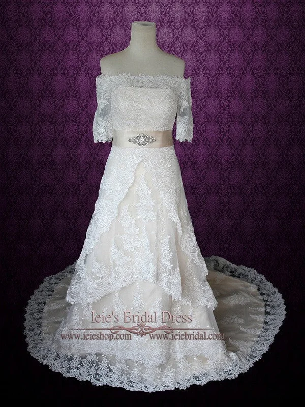 Don’t Wait – Deals Won’t Last!Off The Shoulder Lace Overlay Wedding Dress with Short Sleeves ILLIAN