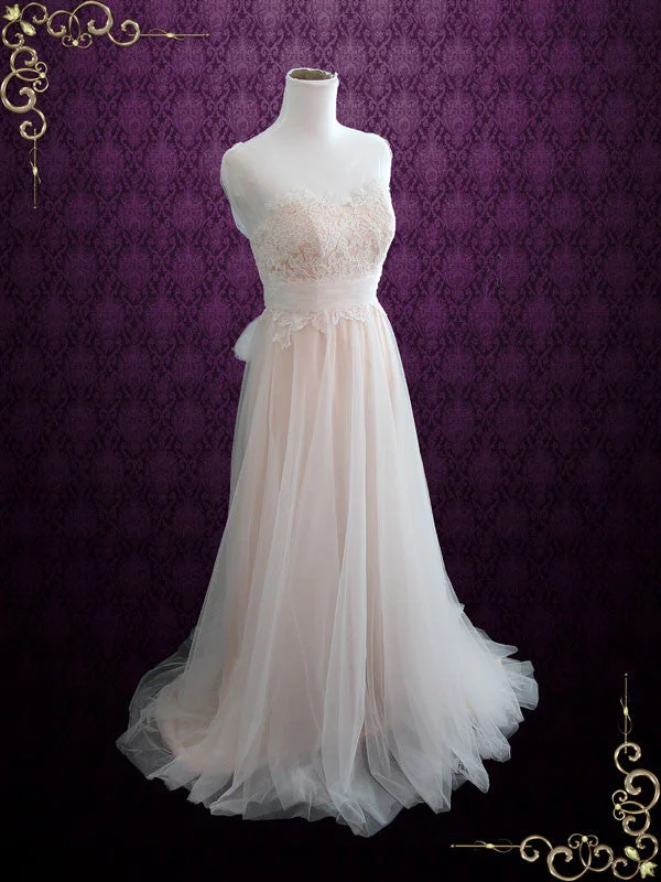 Instant Savings Await!Blush Boho Beach Lace Wedding Dress with Illusion Neckline SARA