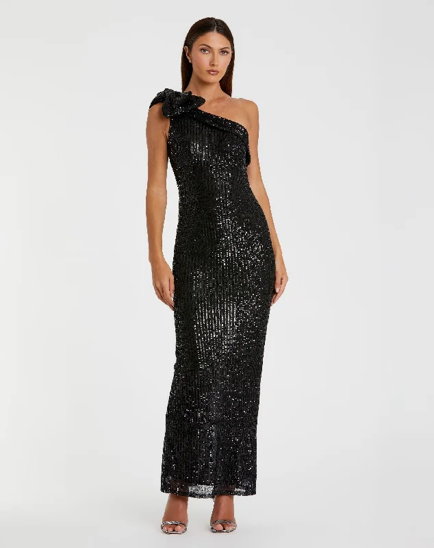 Your Chance to Save is Now!Sequined Bow One Shoulder Column Gown