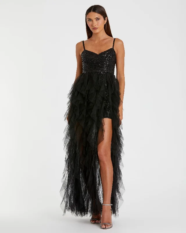 One Click Away from Big Savings!Sequin Mini with High Low Ruffle Tiered Train
