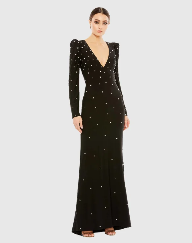 One Day Only – Huge Savings!Rhinestone Encrusted Long Sleeve V Neck Gown