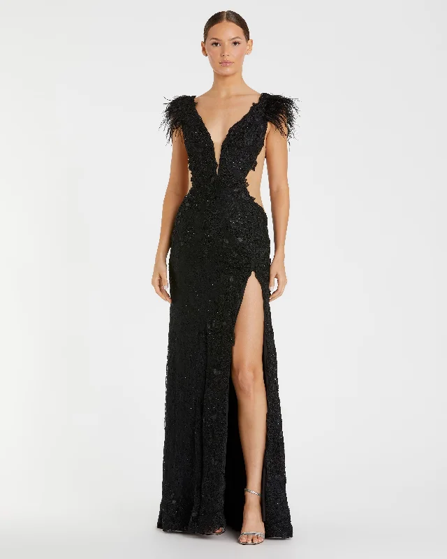 Find Your Perfect Deal Today!Feather Cap Sleeve Lace Gown