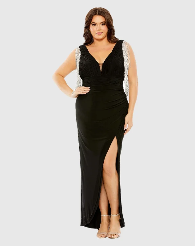 Upgrade for Less!V-neck Gown with Fringe Detail on Shoulder (Plus)