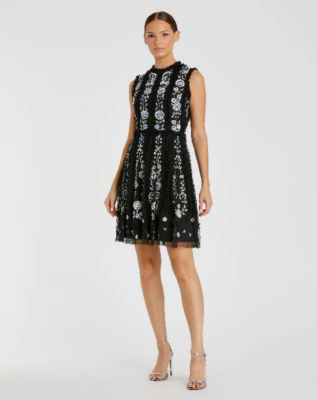 Today’s Deals, Tomorrow’s Regrets!Sleeveless High Neck Embroidered Mini Dress