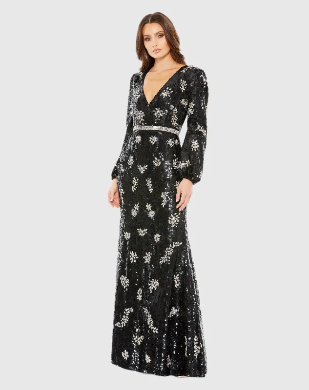 Hurry! While Supplies Last!Embellished Wrap Over Bishop Sleeve Gown