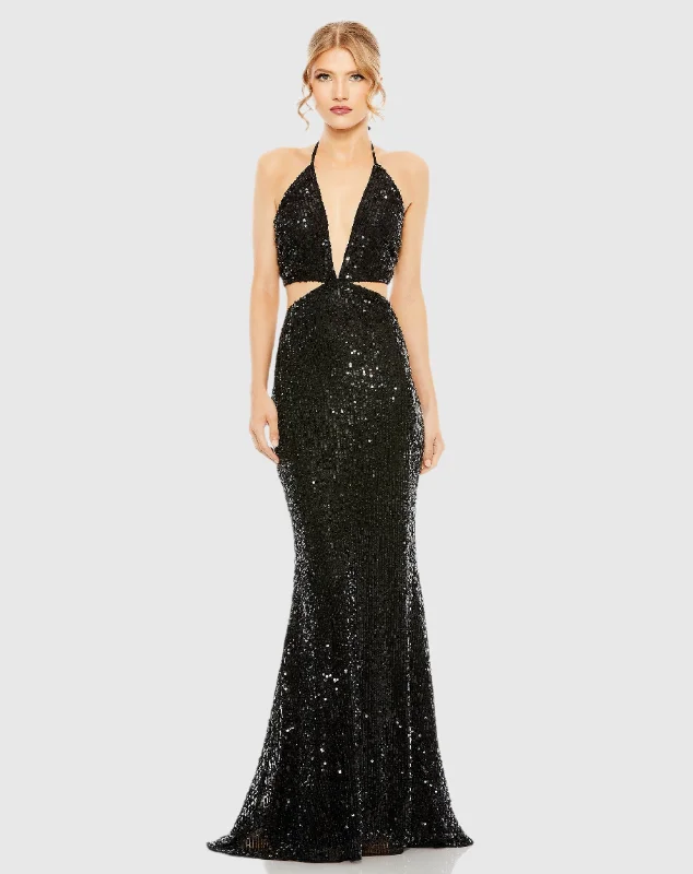 Hot Deals You Can’t Resist!Cut Out Halter Tie Back Sequin Gown