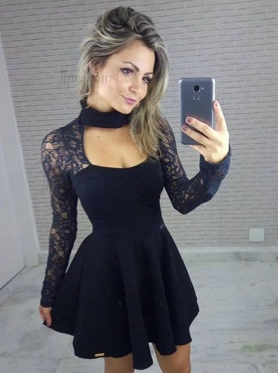 Unmissable Offers Await!A-Line High Neck Lace Long Sleeves Little homecoming Dress  cg1858