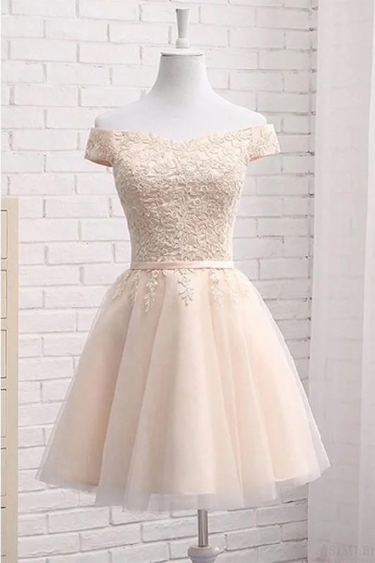 Mega Sale Happening Now!A Line Off Shoulder Tulle Short Homecoming Dress with Appliques, Mini Sweet 16 Dress  cg2382