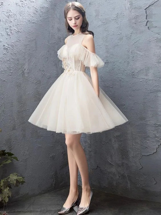 Special Discounts Inside!Cute round neck tulle champagne short dress, homecoming dress  cg2383