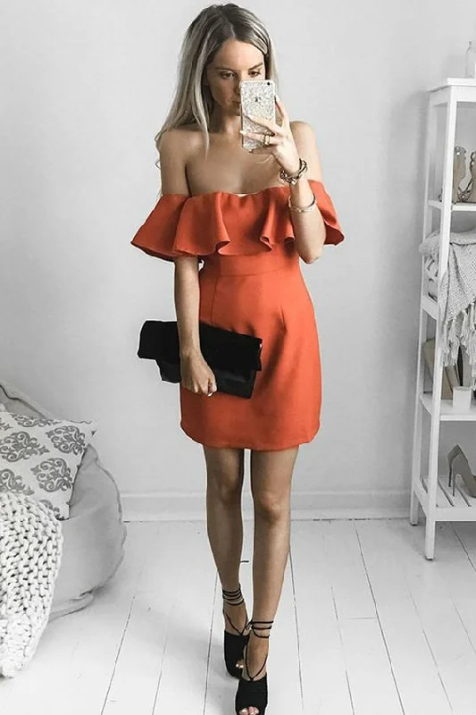 Only a Few Left – Order Now!A-Line Off-the-Shoulder Short Party Dress, Orange Satin Homecoming Dress with Ruffles cg1686