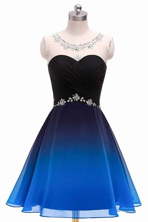 One Day Only – Huge Savings!A Line Round Neck Beads Blue and Black Short Dresses, Ruffles Straps Homecoming Dresses, Cocktail Dresses  cg1874