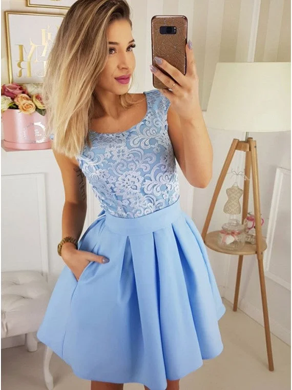 Shop Now and Save!A-Line Round Neck Short Light Blue Homecoming Dress with Lace Pockets cg2213